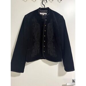 Contemporaine  Black Velvet Embroidered Military Jacket Gold Buttons Size 6